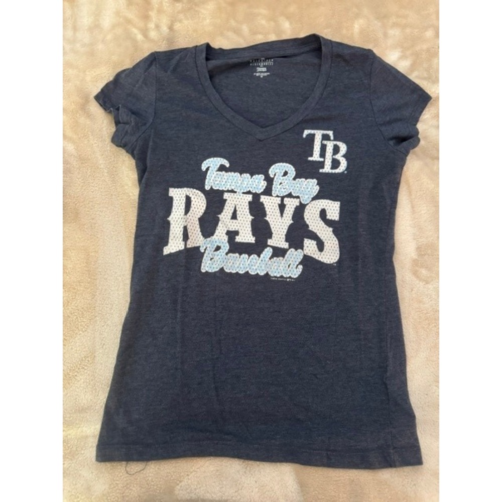 Tampa Bay Rays MLB Baseball V-Neck Graphic T-Shirt Charcoal Gray Women M (A)